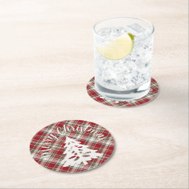 Porta-copo De Papel Redondo Xadrez Vermelha, Mocha e Creme - Feliz Natal + Árv