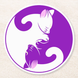Porta-copo De Papel Redondo Yin Yang Cats Zen Yoga Meditação Purple White