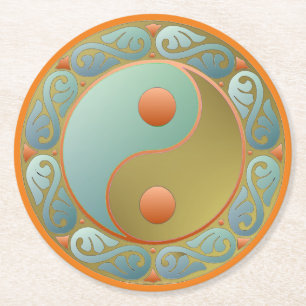 Porta-copo De Papel Redondo Yin Yang Medallion Dourada Turquoise