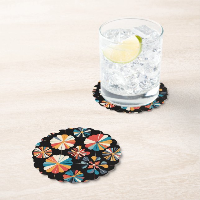 Porta-copo De Papel Retro Black Rainbow geometric Flowers Pattern  (Insitu)