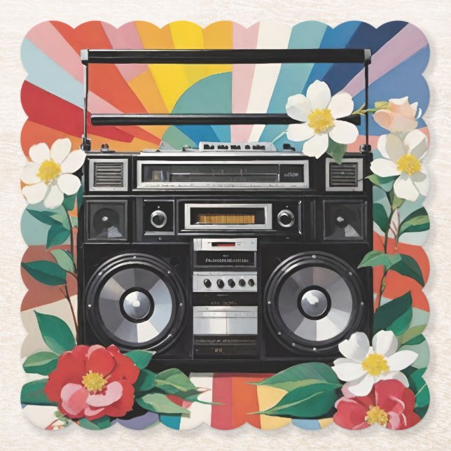 Porta-copo De Papel Retro Boombox Com Arco-Íris E Flores (Frente)
