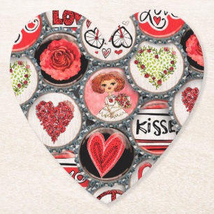 Porta-copo De Papel Retro Red Floral Hearts True Love Dia de os namora