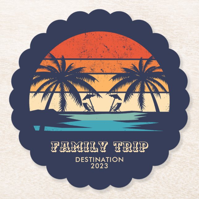 Porta-copo De Papel Retro sunset Family trip Beach Palm Tree Match (Frente)
