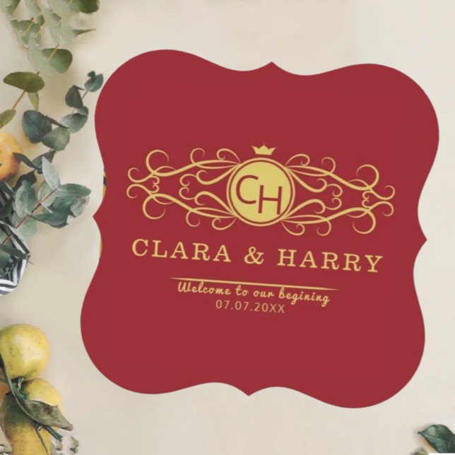 Porta-copo De Papel Romantic gold red elegant calligraphy wedding  (Criador carregado)