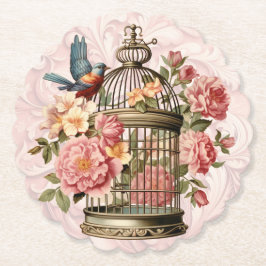 Porta-copo De Papel Romântico Cage de Pássaros Floral Aquarela Vintage
