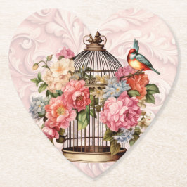 Porta-copo De Papel Romântico Cage de Pássaros Floral em Aquarela Vint