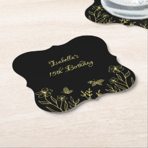 Porta-copo De Papel Romântico elegante floral dourado casamento preto