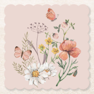 Porta-copo De Papel Rosa Bege Floral Flor de Campo Quadrada