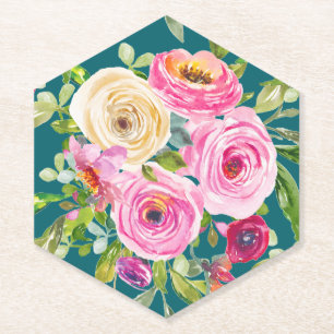 Porta-copo De Papel Rosas em Aquarela em Rosa e Creme sobre Azul Teal