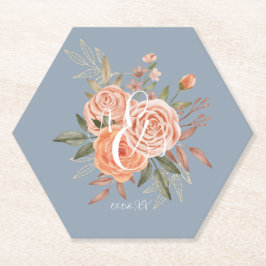 Porta-copo De Papel Rosas em Peachy Florais em Aquarela Azul Desbotado
