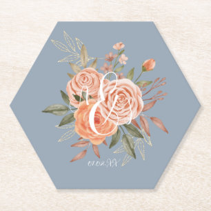 Porta-copo De Papel Rosas em Peachy Florais em Aquarela Azul Desbotado