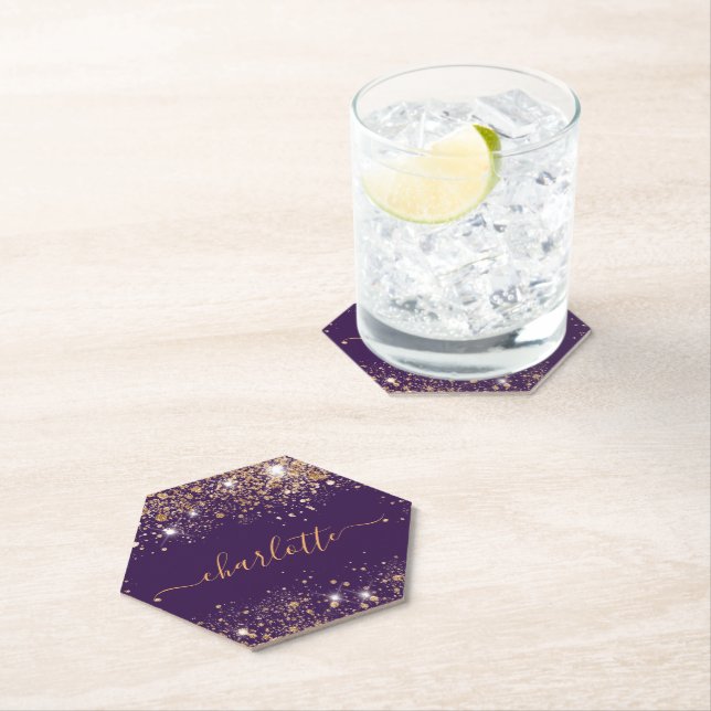 Porta-copo De Papel Roteiro de nome com brilho dourado roxo (Insitu)