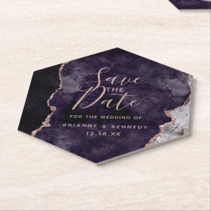 Porta-copo De Papel Roxo Malva Rosa Dourado Ágata Mármore Salve a Data
