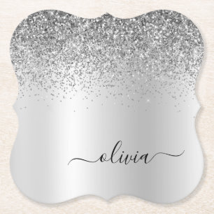Porta-copo De Papel Script Girly Sparkle Glitter Monograma de Silver