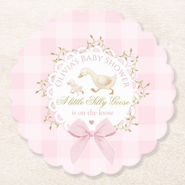 Porta-copo De Papel Silly Goose Pink Gingham Bow Baby Shower (Frente)