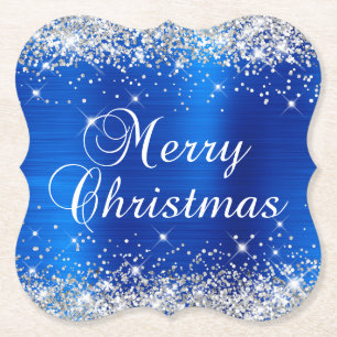 Porta-copo De Papel Silver Glitter Blue Foil Feliz Natal