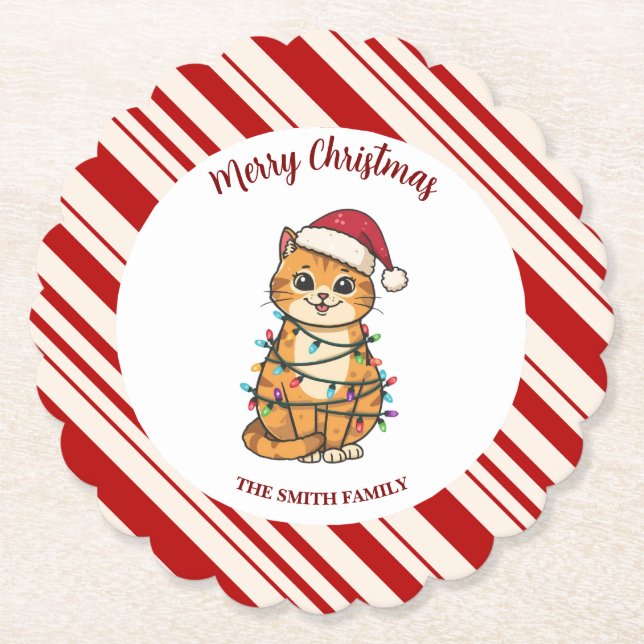 Porta-copo De Papel Simple modern merry christmas kitten CatMAS patter (Frente)