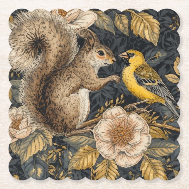 Porta-copo De Papel Squirrel and Yellow Canary with Flowers Pattern (Frente)