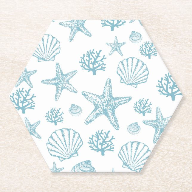 Porta-copo De Papel Teal Seashell Starfish Padrão da Beachy (Frente)