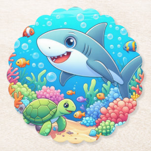 Porta-copo De Papel Tubarão e tartaruga submarinos coloridos tropicais