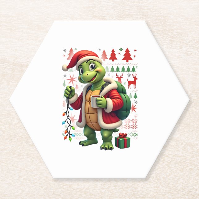 Porta-copo De Papel Turtle Xmas Lights Ugly Santa Turtle Christmas Tan (Frente)