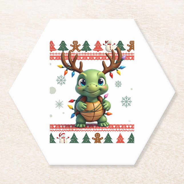 Porta-copo De Papel Ugly Xmas Sweater Style Lighting Turtle Christmas  (Frente)