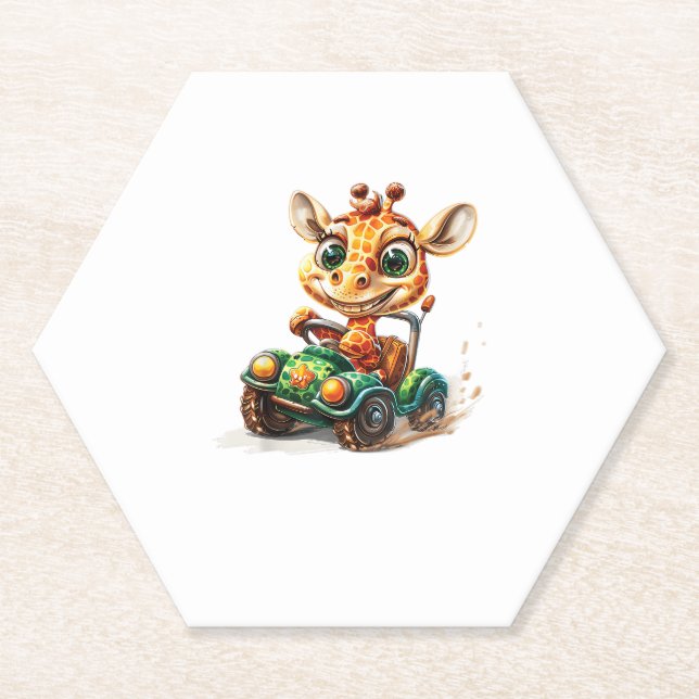 Porta-copo De Papel Uma Girafa Bonita Dirigindo Um Carro Na Estrada, C (Frente)