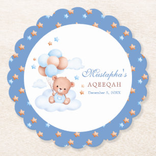 Porta-copo De Papel Urso de pelúcia azul Aqiqah Coaster Personalizado