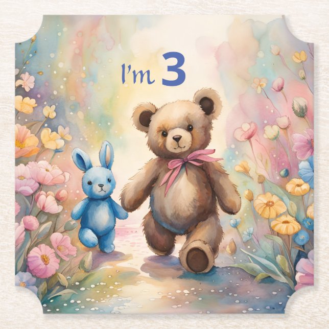 Porta-copo De Papel Urso de pelúcia e coelho num jardim de pastel (Frente)