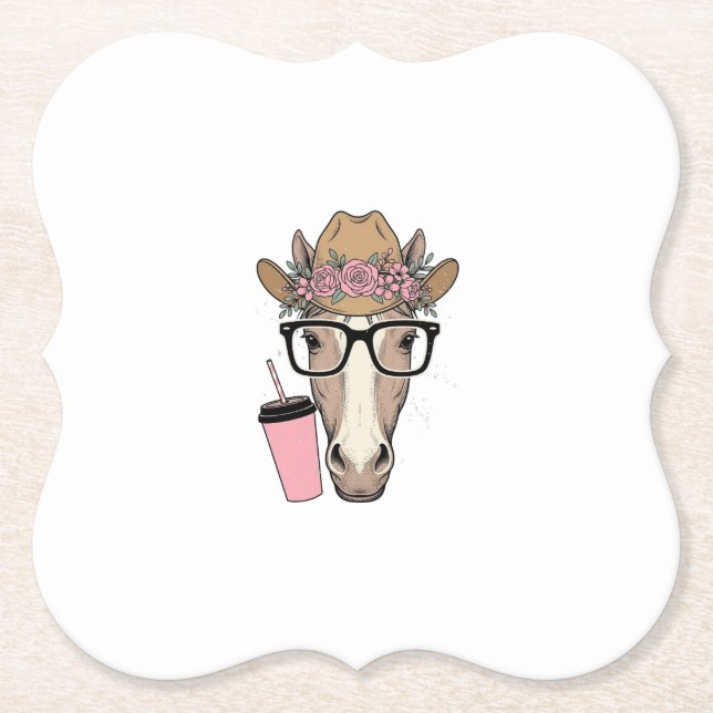 Porta-copo De Papel Vaqueira Antiga Cavalo Com Flores e Bebida Rosa (Frente)