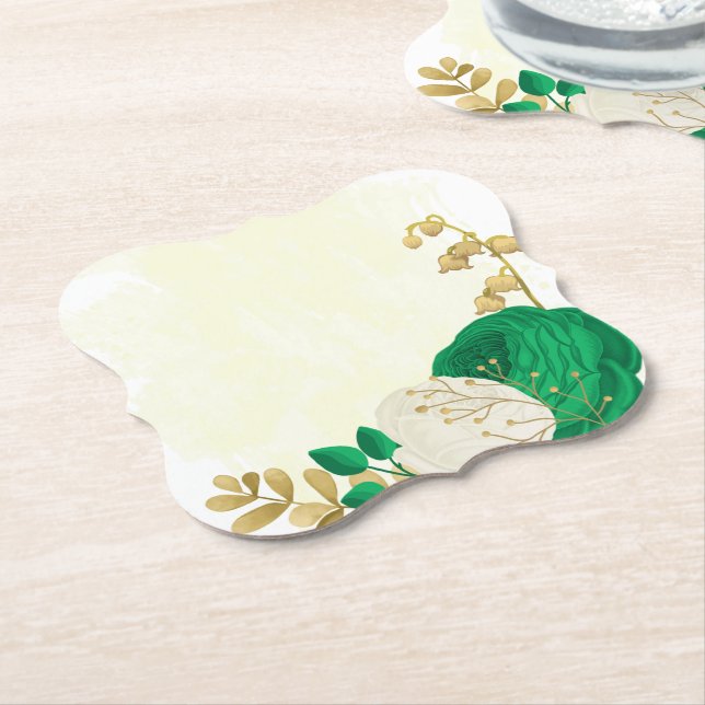 Porta-copo De Papel Verde-esmeralda romântico e flores brancas dourada (Angular)