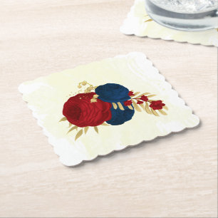 Porta-copo De Papel Vermelho escuro romântico e flores azuis marinhos,