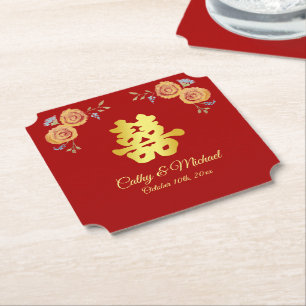 Porta-copo De Papel Vermelho laranja floral casamento chinês dupla fel