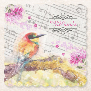 Porta-copo De Papel Vintage bird on tree rosa flower decoupage