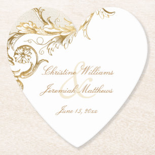 Porta-copo De Papel Vintage Dourado Floral Damask Script White Casamen