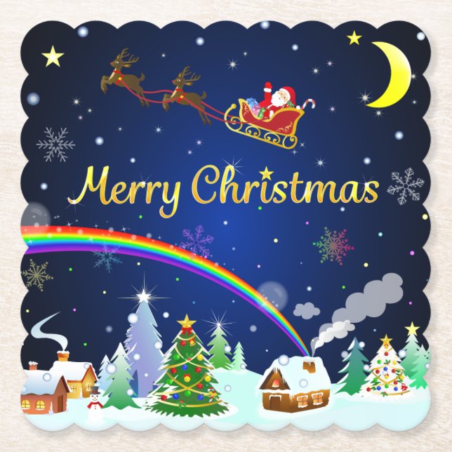 Porta-copo De Papel Voando Papai Noel com Lua Crescente (Frente)