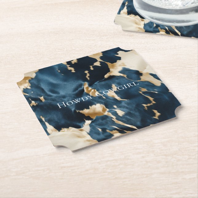 Porta-copo De Papel Western Blue Cream Dourado Cowboy Cowhide (Angular)