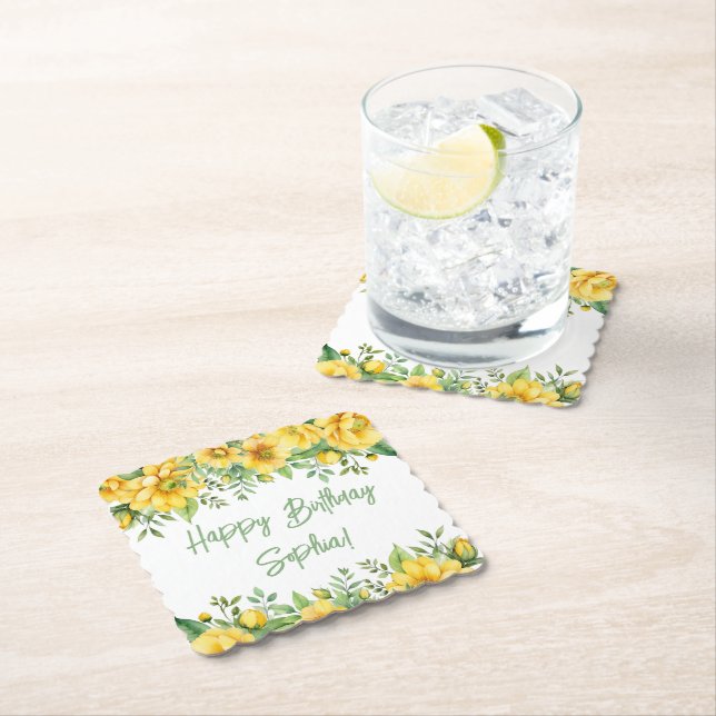 Porta-copo De Papel Yellow Sage Green Flowers Floral Party Napkins (Insitu)