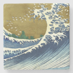 Porta-copo De Pedra A Grande Onda (Arte Japonesa Azul e Dourada, Hokus