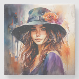 Porta-copo De Pedra A Mulher no Chapéu: Retrato da Graça Vibrante