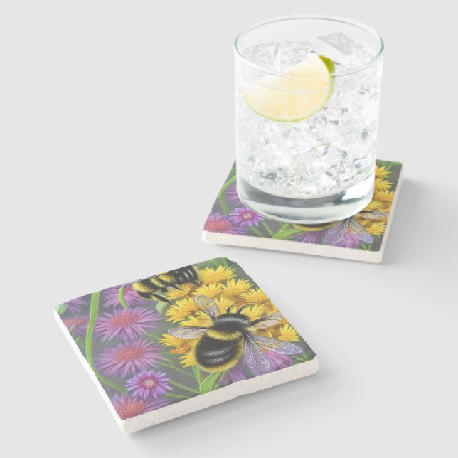 Porta-copo De Pedra Abelhas em Prado Flor (Lateral)