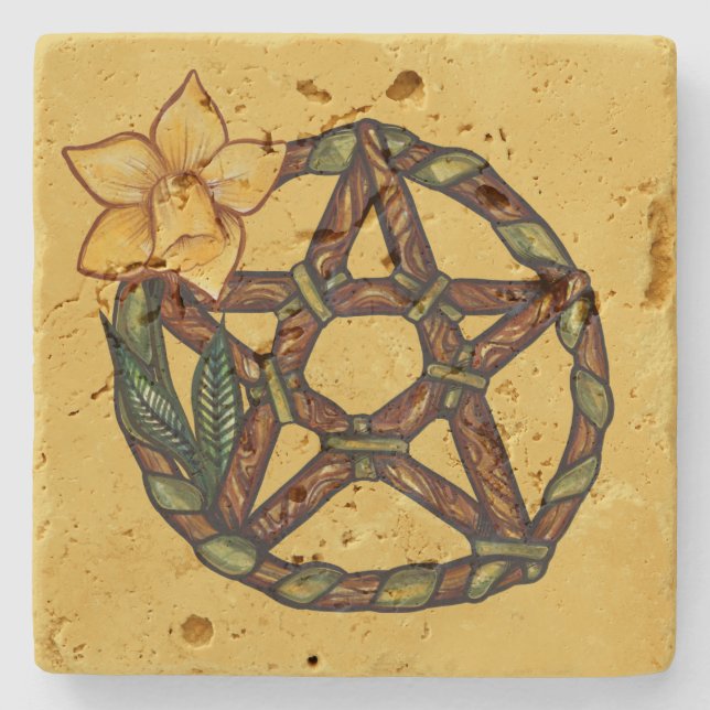 Porta-copo De Pedra Abençoado Pentáculo Daffodil Ostara Art (Frente)