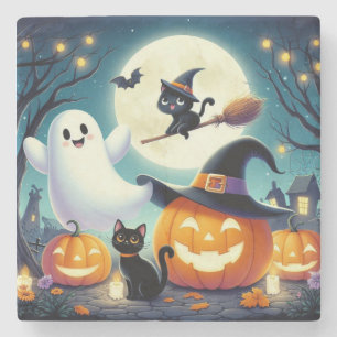 Porta-copo De Pedra Abóbora, gata e fantasma do Halloween