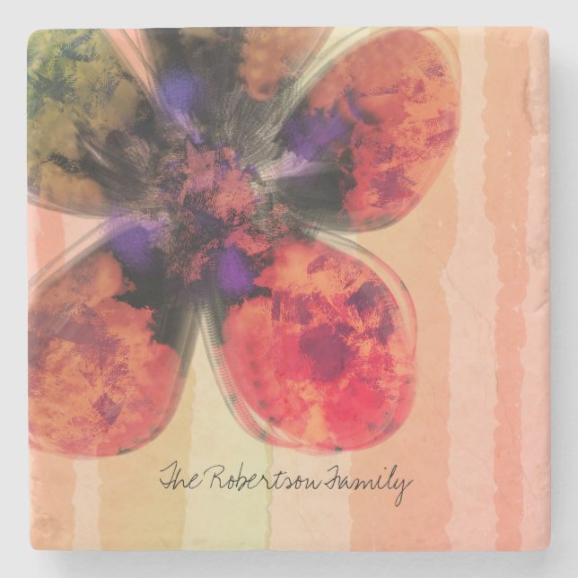 Porta-copo De Pedra Abstrato Floral Dourado do Nome da Família Persona (Frente)