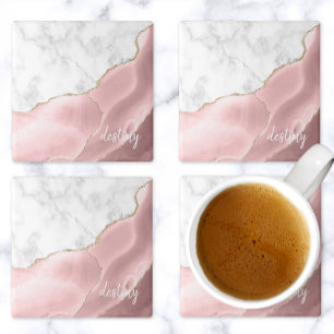 Porta-copo De Pedra Ágata Rosa Blush Mármore Branco Dourado Assinatura