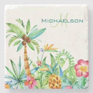 Porta-copo De Pedra Aguarela floral tropical
