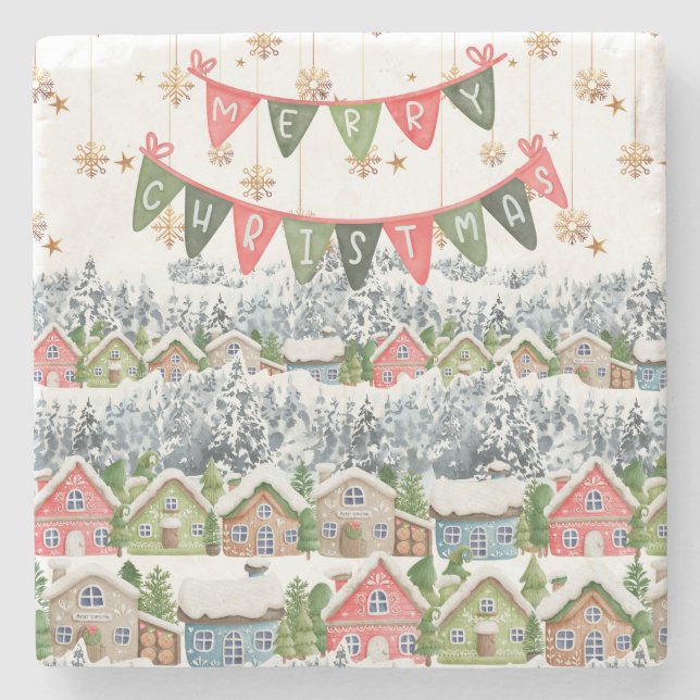 Porta-copo De Pedra Aldeia de Natal Bonita Snowy (Frente)