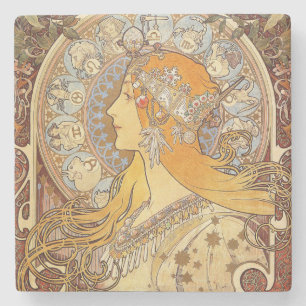 Porta-copo De Pedra Alfonse Mucha Zodíaco Arte Nova Mulher