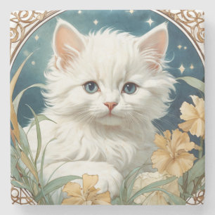 Porta-copo De Pedra Alphonse Mucha Art Nouveau Kitten
