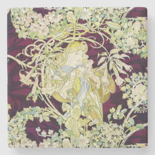 Porta-copo De Pedra Alphonse Mucha Mulher com Margarida Art Nouveau Ar